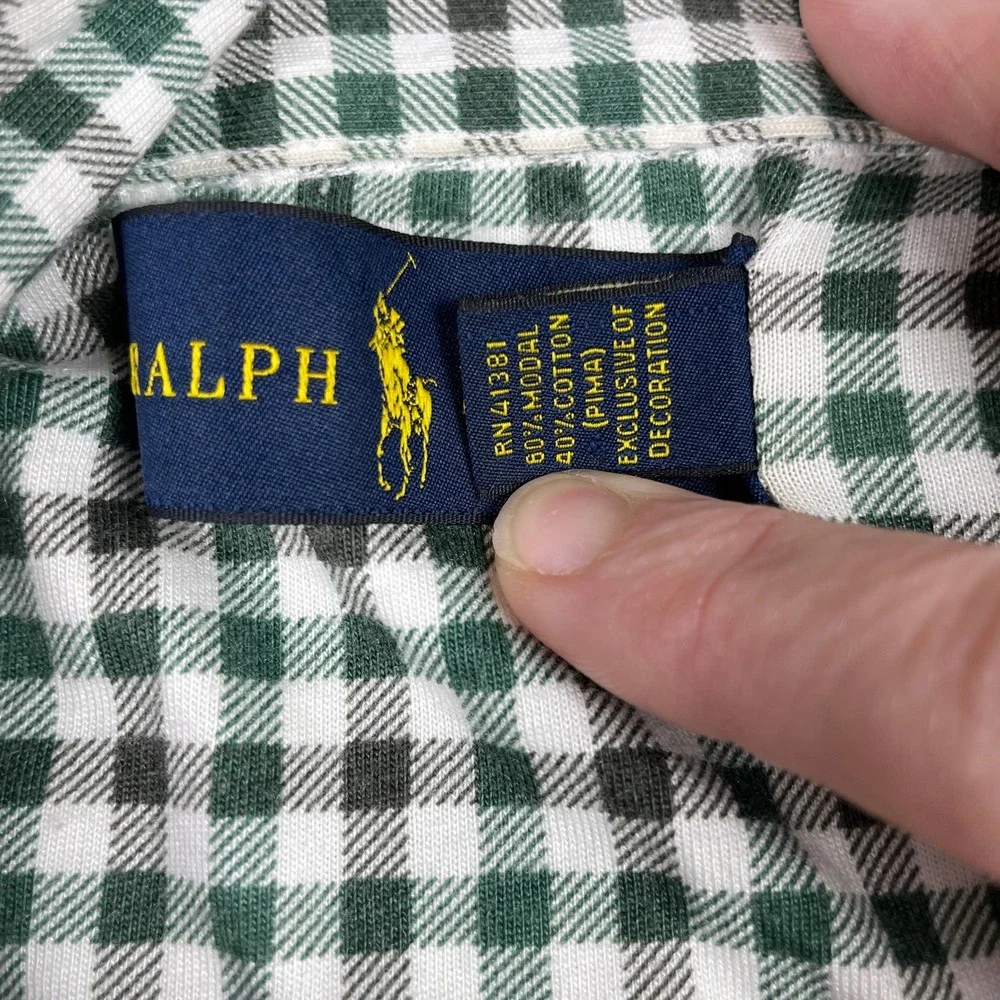 Ralph Lauren Polo Shirt Mens L Green Gingham Plaid Pima Cotton Modal Pocket